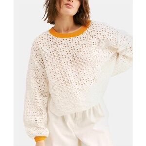 FREE PEOPLE Cream Crochet Open Knit Cropped Sweater L